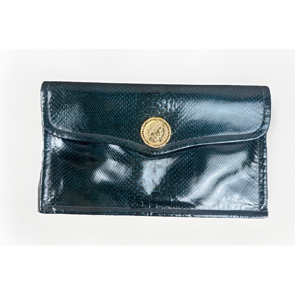 Vintage Koret Faux Snakeskin Envelope Clutch Purse ‎ Gold Medallion Evening Bag